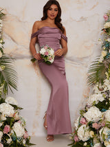 Bardot Ruched Satin Maxi Dress in Lilac
