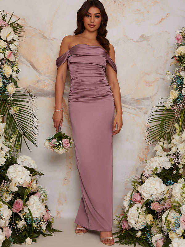 Bardot Ruched Satin Maxi Dress in Lilac