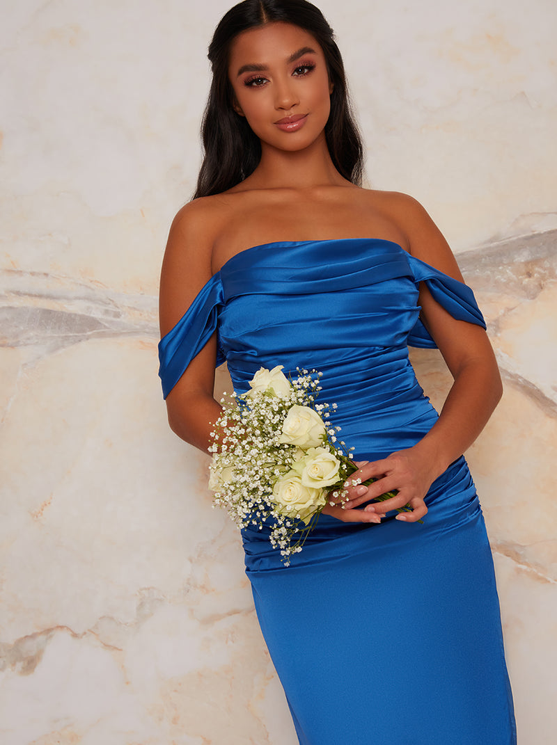Petite Satin Finish Bardot Dress in Blue