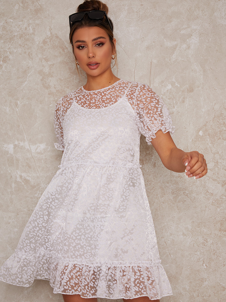 Sheer Puff Sleeve Leopard Print Mini Dress in White – Chi Chi London