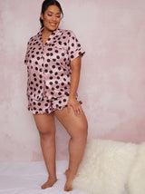 Plus Size Spot Print Silky Pyjama Shorts Set In Pink