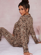Animal Print Silky Pyjama Set In Brown