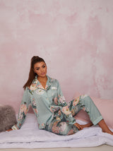 Rose Floral Print Satin Pyjamas In Green