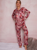 Floral Satin Finish Pyjama Set In Pink