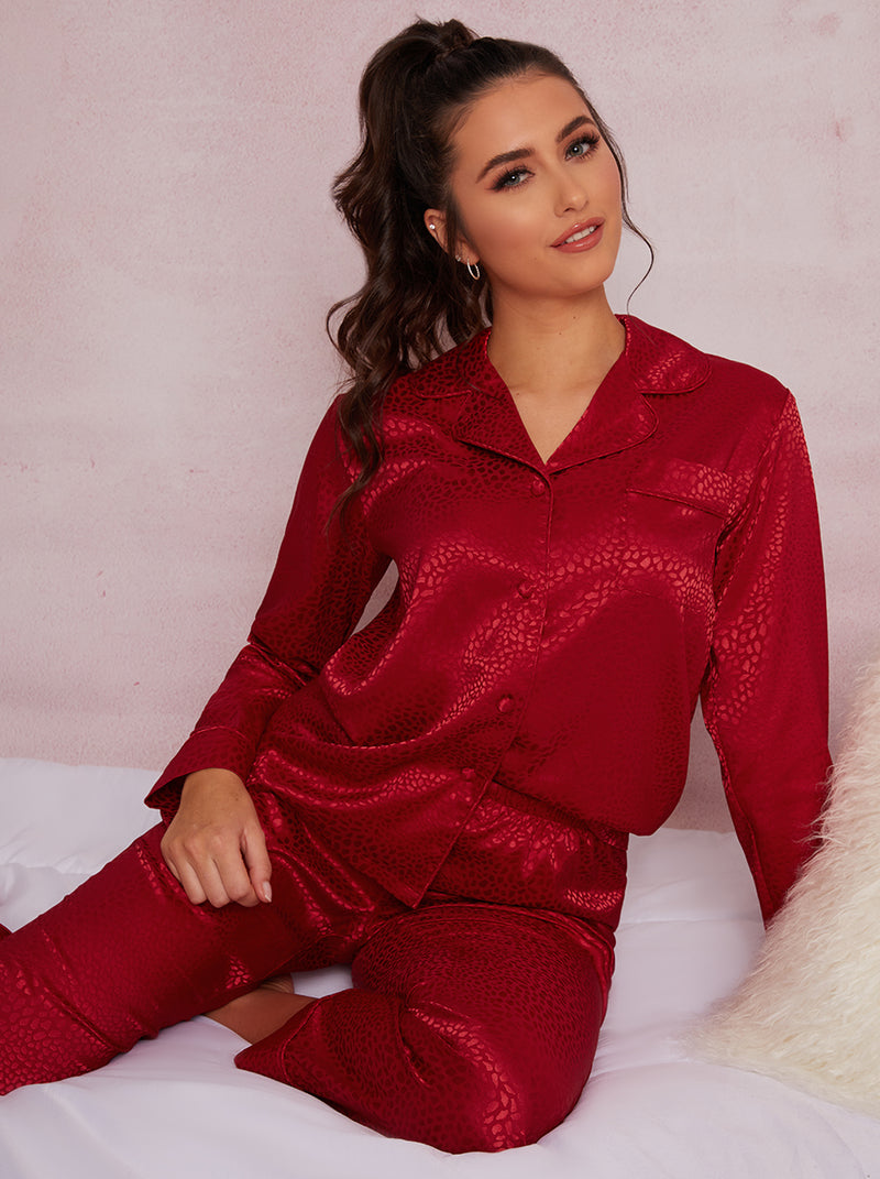 Satin Finish Embossed Pyjama Set in Red