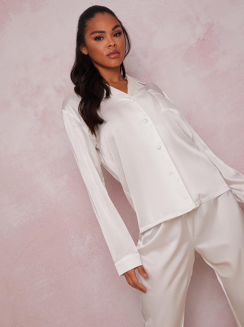 Long Sleeved Silky Pyjama Set in White