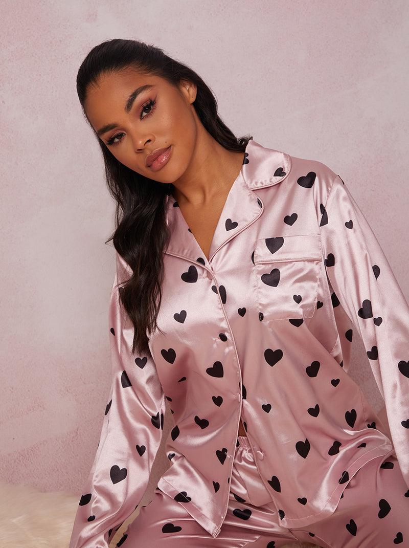 Heart Print Pyjama Set in Pink
