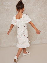Girls Short Sleeve Floral Dress with Button Detail in White