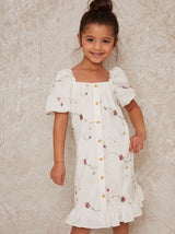 Girls Short Sleeve Floral Dress with Button Detail in White