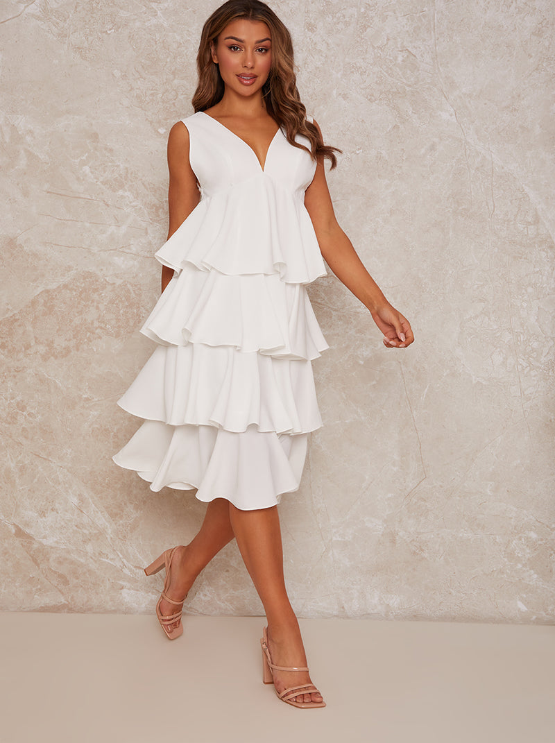 Sleeveless Ruffle Midi Dress in White