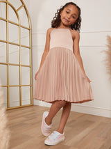 Younger Girls Pleated Satin Flower Girl Dress in Champagne