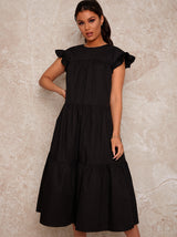 Ruffle Detail Tiered Smock Midi Dress in Black