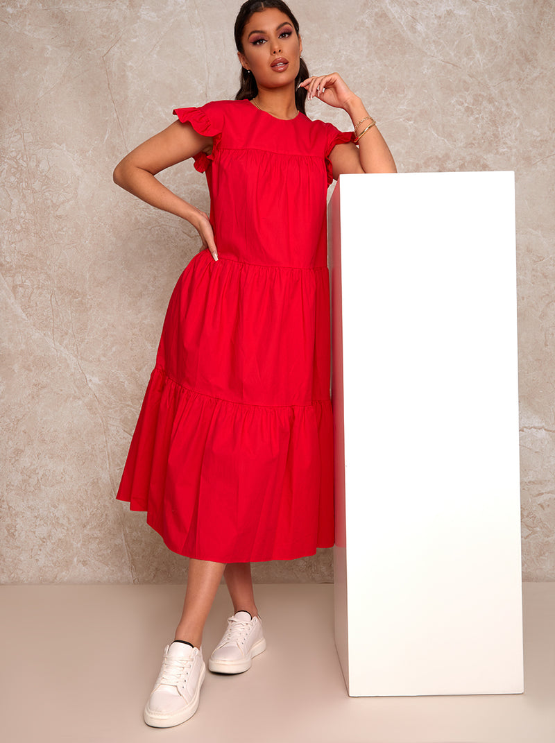 Ruffle Detail Tiered Smock Midi Dress in Red