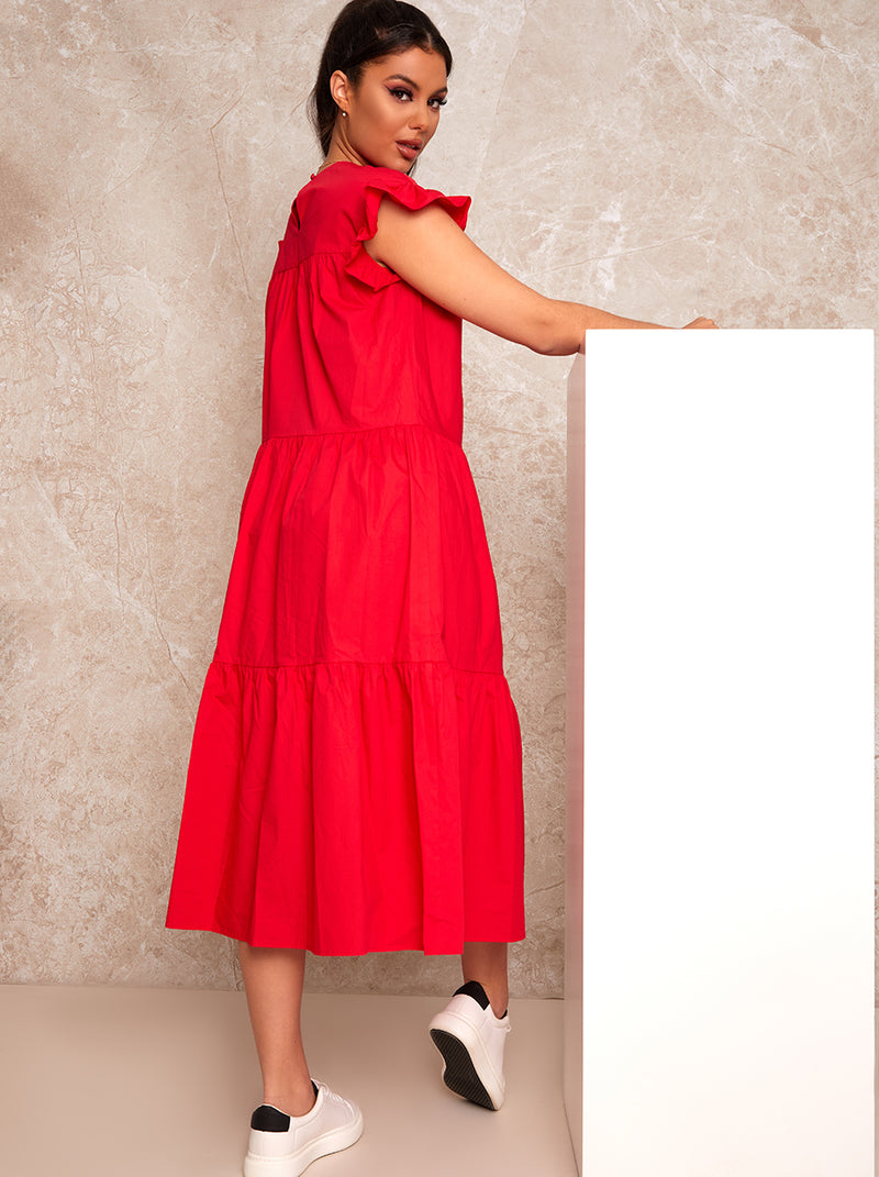 Ruffle Detail Tiered Smock Midi Dress in Red