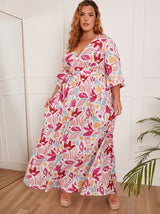 Plus Size Floral Print Wrap Maxi Dress in Pink