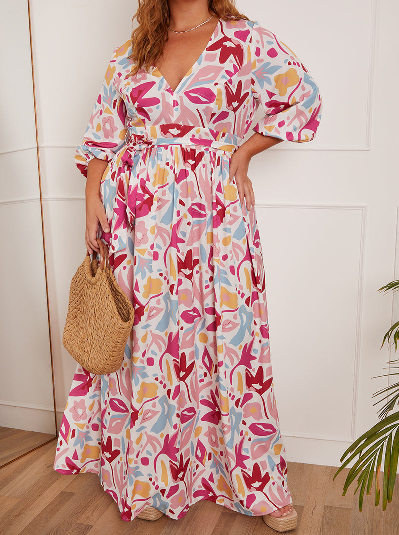 Plus Size Floral Print Wrap Maxi Dress in Pink
