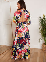 Petite Cut-Out Floral Print Maxi Dress in Navy