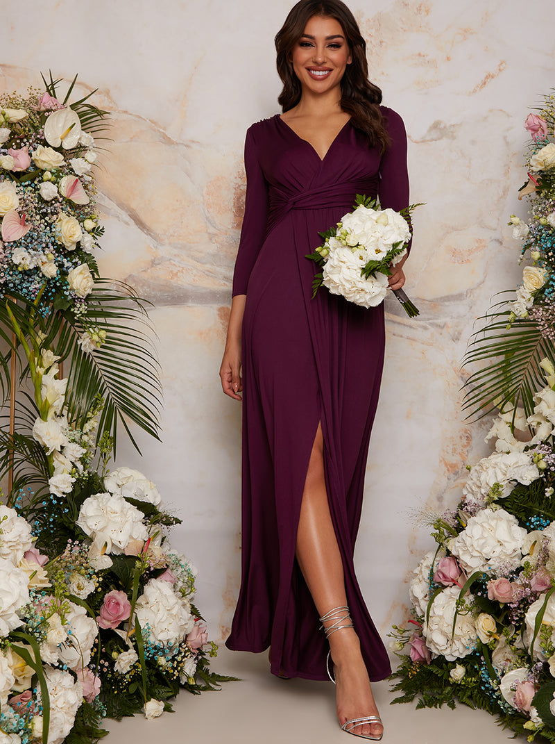 Long Sleeve V Neck Maxi Dress with Thigh Split in Berry