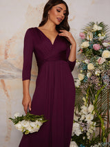 Long Sleeve V Neck Maxi Dress with Thigh Split in Berry