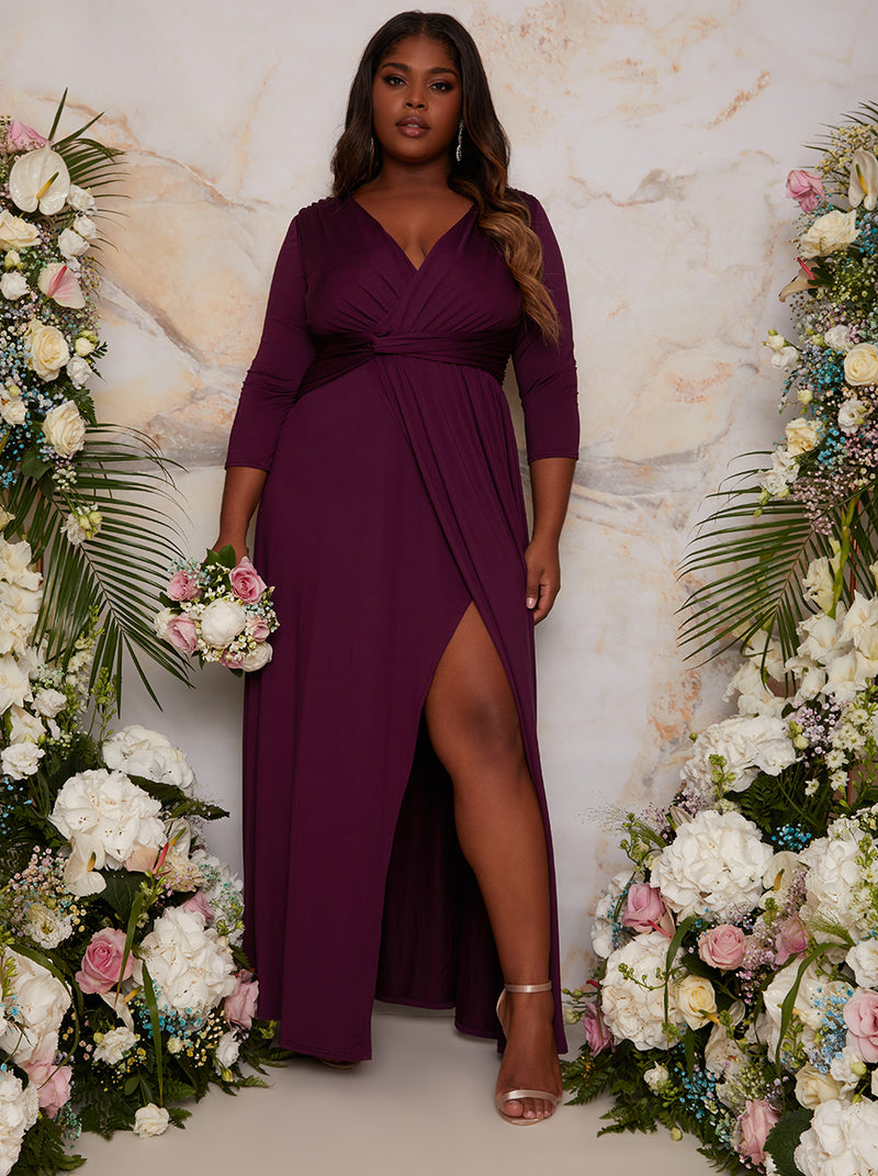 Plus Size Long Sleeve V Neck Bridesmaid Maxi Dress with Thigh Split in Berry