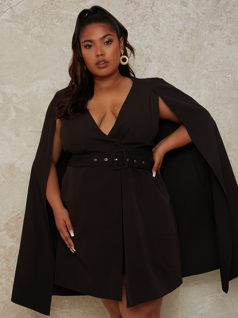 Plus Size Blazer Dress with Cape Detail in Black