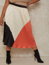 Plus Size High Waist Colour Block Pleated Midi Skirt in Multi