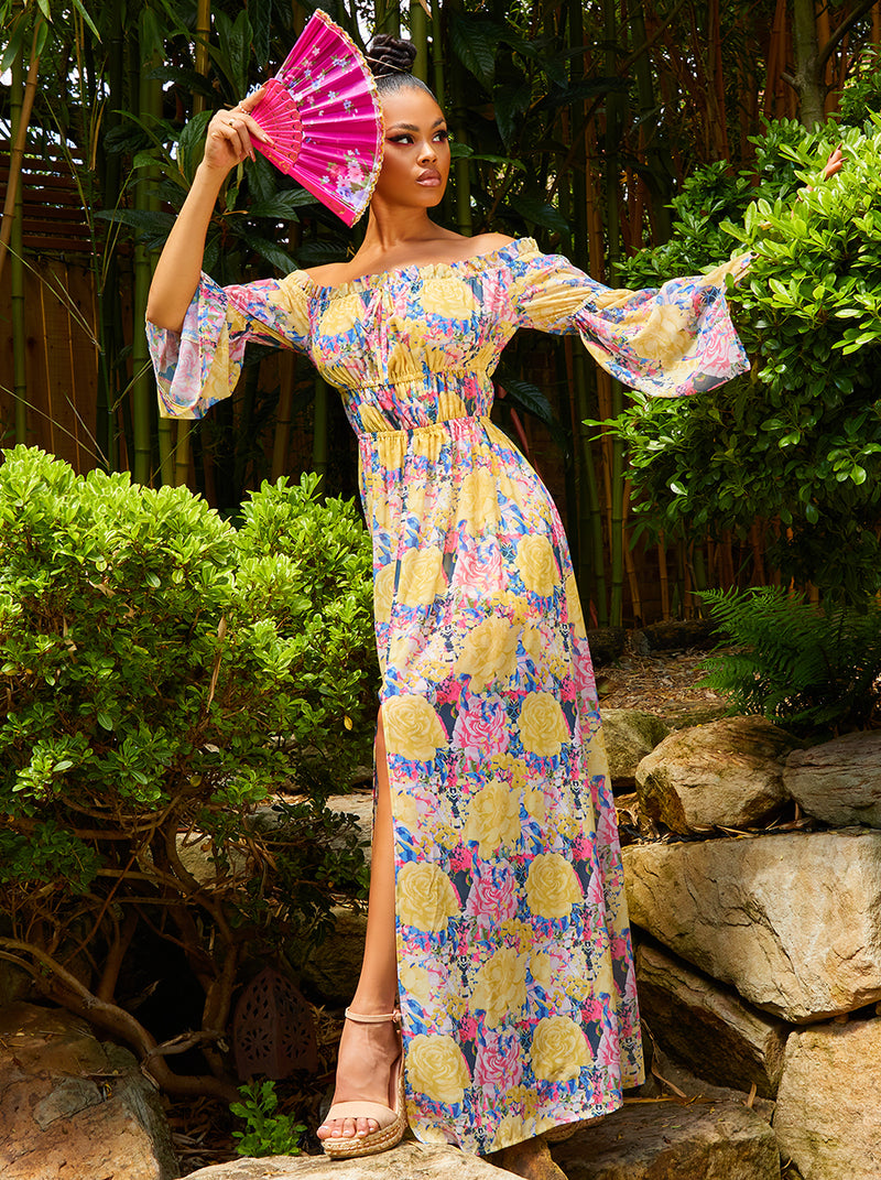 Floral Bardot Maxi Dress in Multicolour