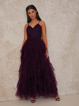 Wrap Front Tulle Maxi Dress in Purple