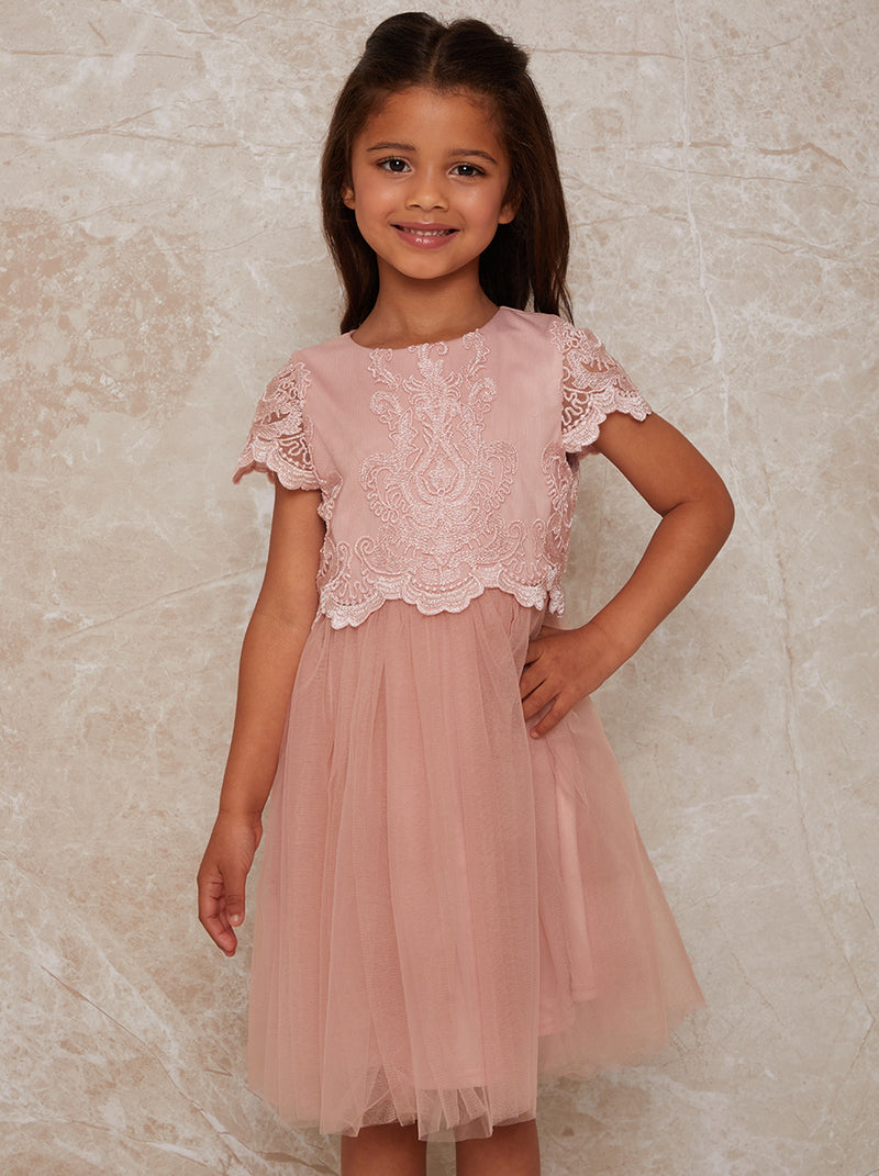 Girls Lace Overlay Dress with Mesh Skirt in Pink