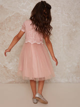 Girls Lace Overlay Dress with Mesh Skirt in Pink