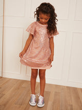 Younger Girls Short Sleeve Sequin Midi Dress in Pink