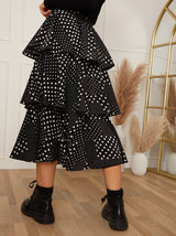 High Waist Tiered Polka Dot Print Midi Skirt in Black