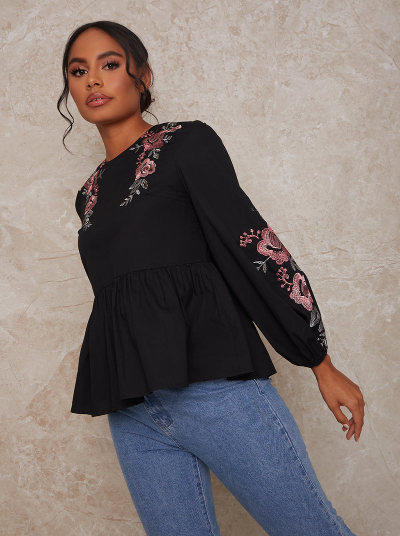 Long Sleeve Embroidered Detail Smock Top in Black