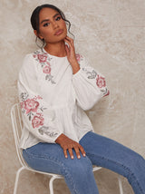 Long Sleeve Embroidered Detail Smock Top in White