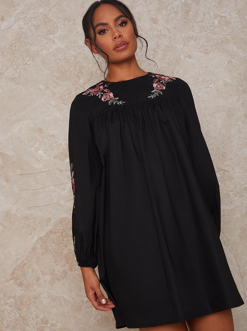 Long Sleeve Embroidered Detail Mini Day Dress in Black