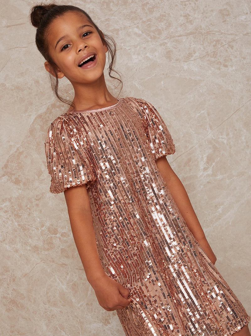 Girls Ruched Sleeve Sequin Midi Dress in Rose Gold