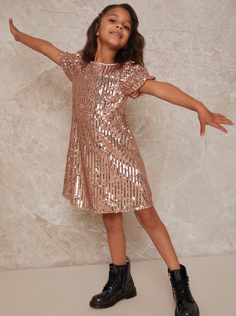 Girls Ruched Sleeve Sequin Midi Dress in Rose Gold