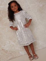 Girls Ruched. Sleeve Sequin Midi Dress in Silver