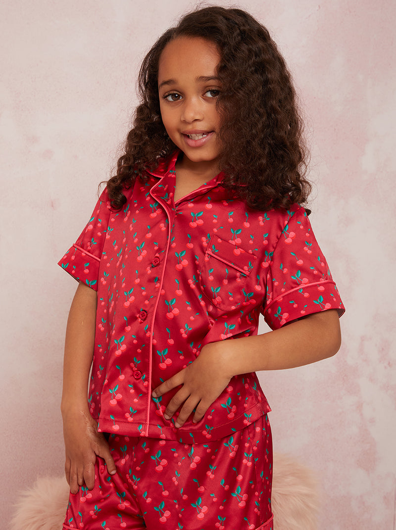 Girls Cherry Print Pyjama Short Set in Red