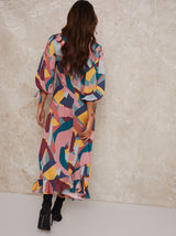 V Neck Puff Sleeve Graphic Print Maxi Dress in Multi