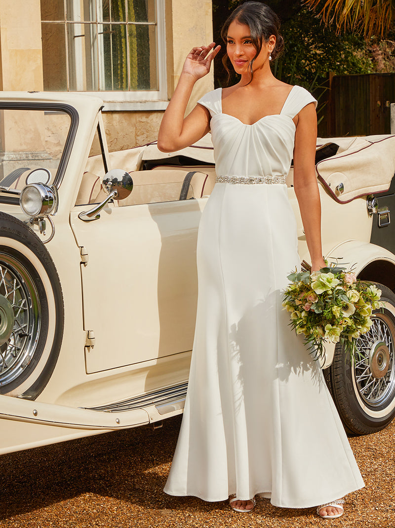 Pleated Bodice Wedding Dress in White