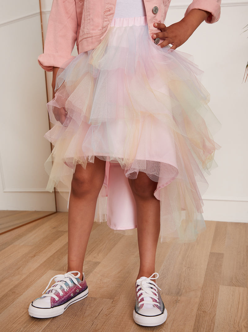Younger Girls Rainbow Tiered Dip Hem Skirt in Pink