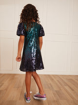 Younger Girls Puff Sleeve Sequin Midi Dress in Green