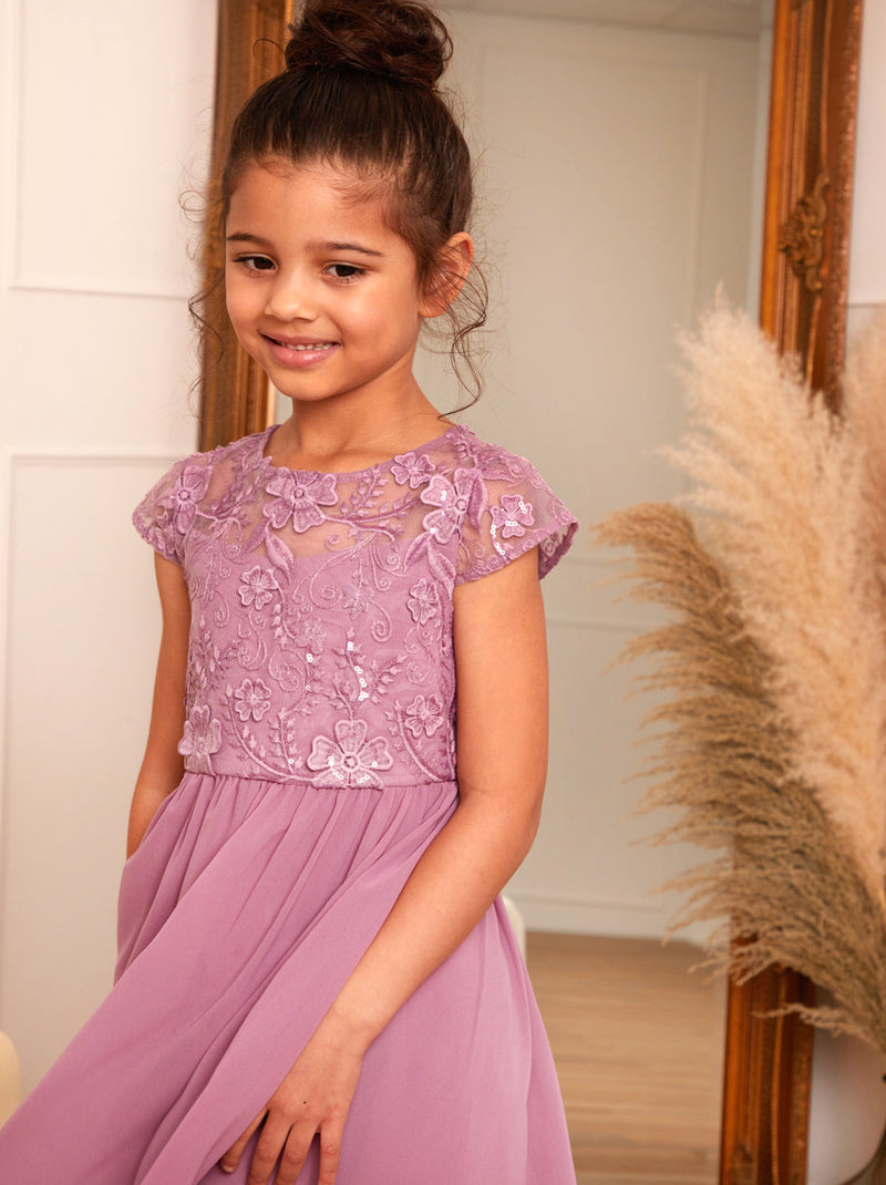 Younger Girls Embroidered Midi Dress in Purple