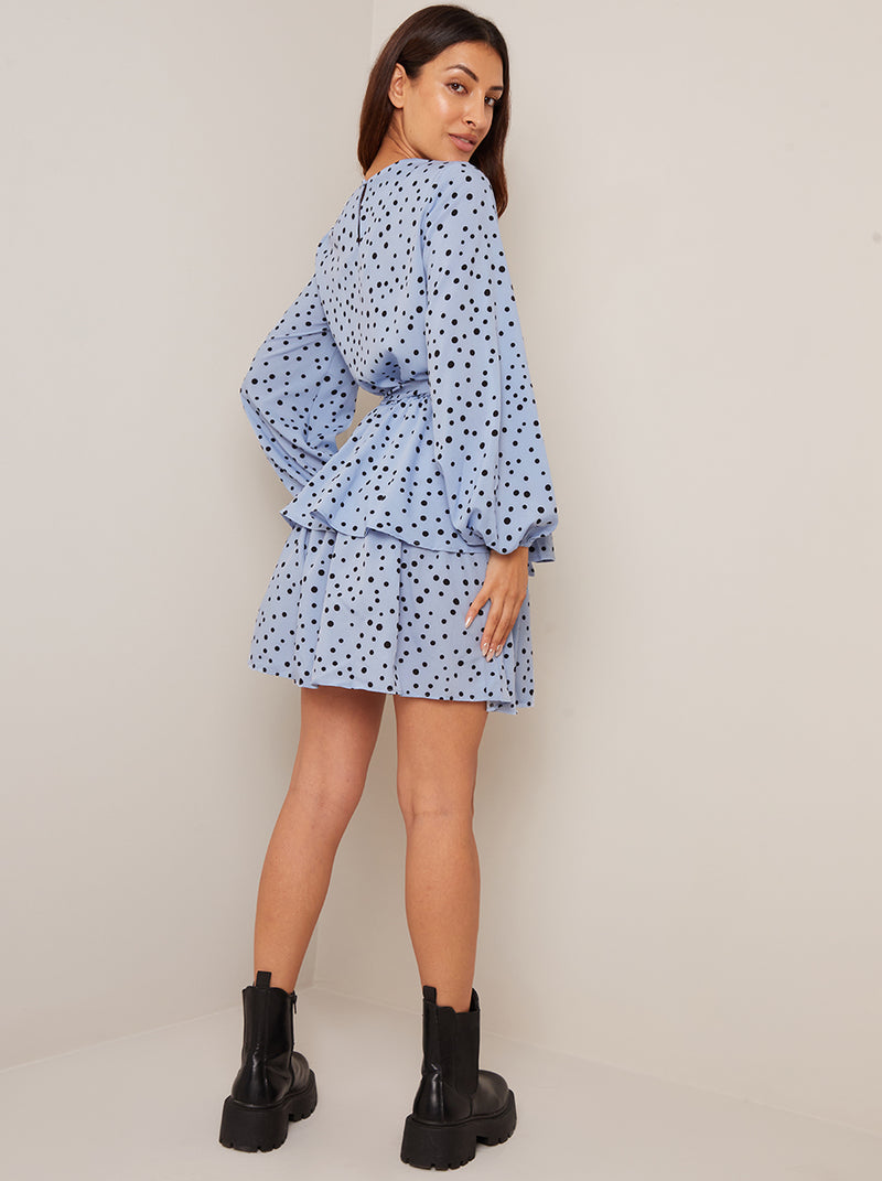 Long Sleeve Spot Print Mini Dress in Blue