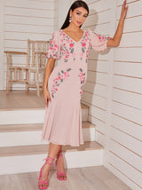Floral Embroidered Midi Dress in Pink