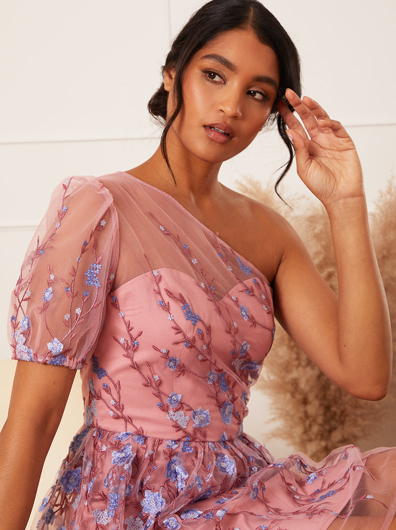 One-Shoulder Embroidered Mini Dress in Pink