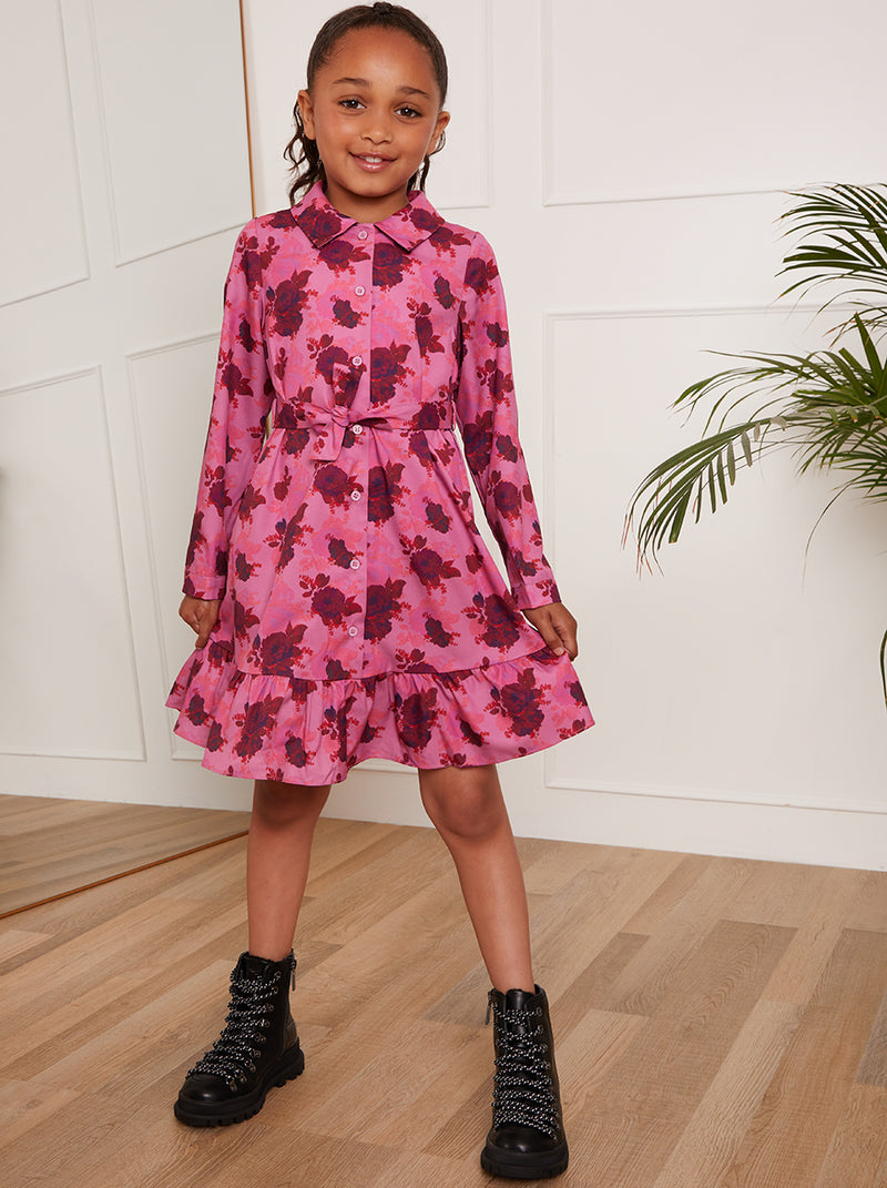 Younger Girls Floral Shirt Dress in Pink