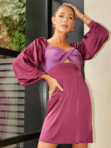 Long Sleeve Cut-Out Twist Detail Satin Mini Dress in Purple