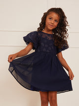 Younger Girls Puff Sleeve Midi Dress in Navy